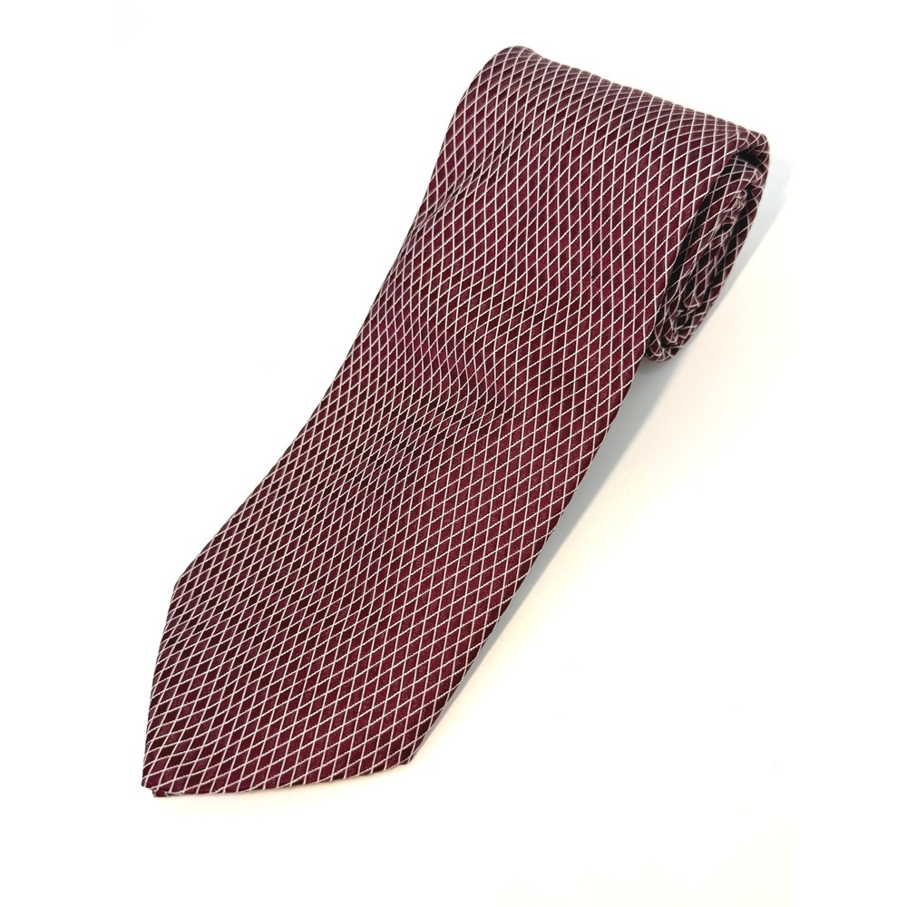 Giorgio Armani Mens Silk Tie Burgundy White Diamond Lattice Geometric Italy 0826